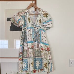 HUNTER BELL Blue Tan Puff Sleeve Mini Sundress